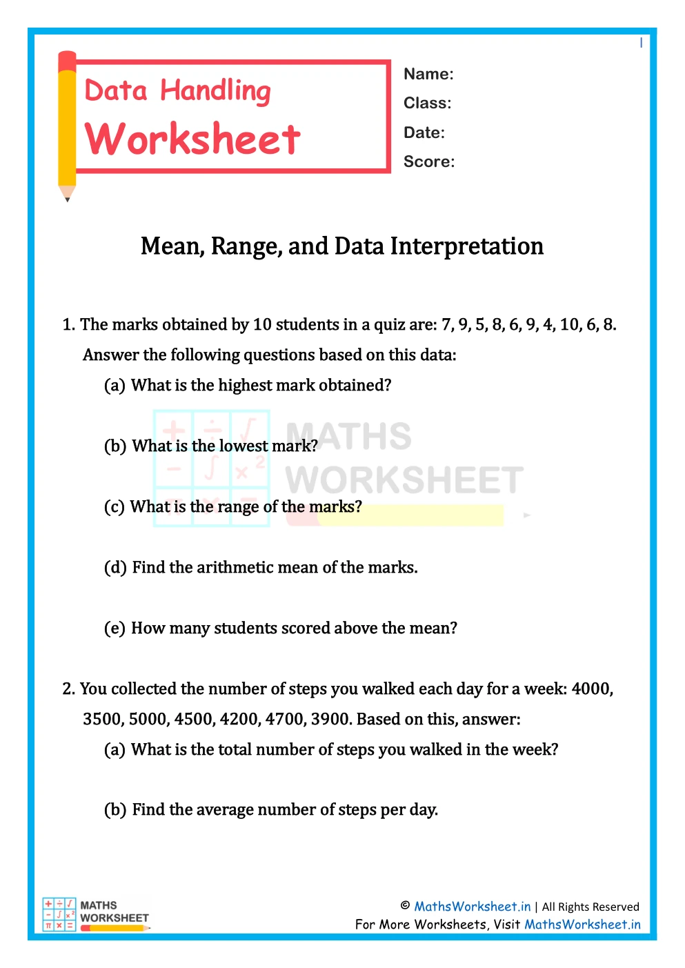 Class 7 Data Handling Worksheet - Mean, Range And Data Interpretation ...