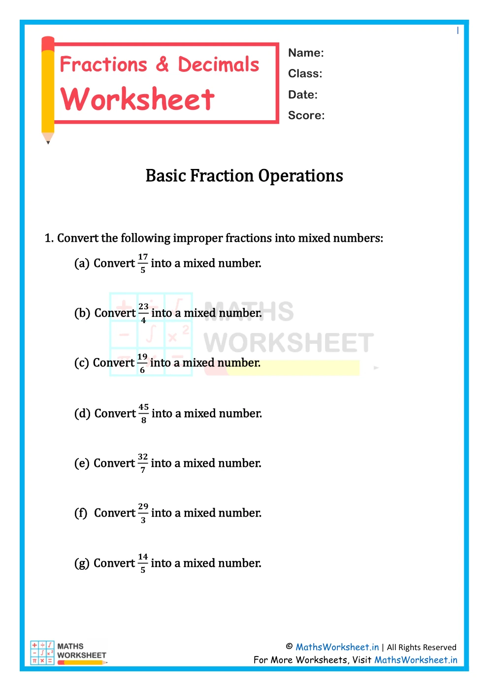 Class 7 Fractions and Decimals Worksheet - Basic Fraction Operations