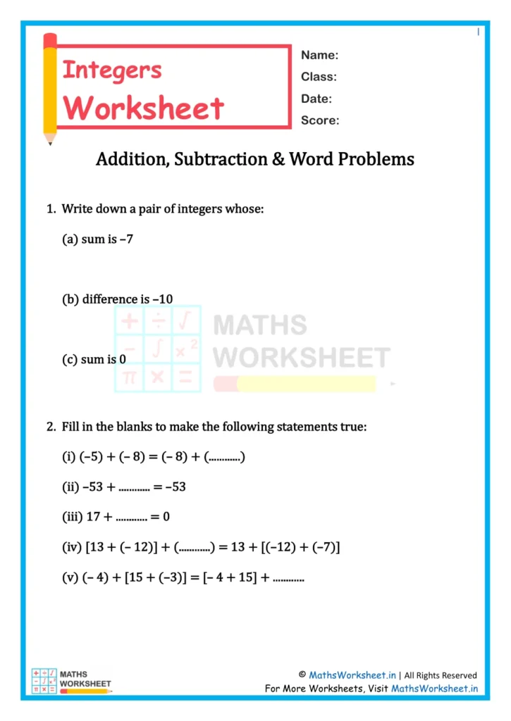 Class 7 Integers Worksheet - Integer Addition and Subtraction