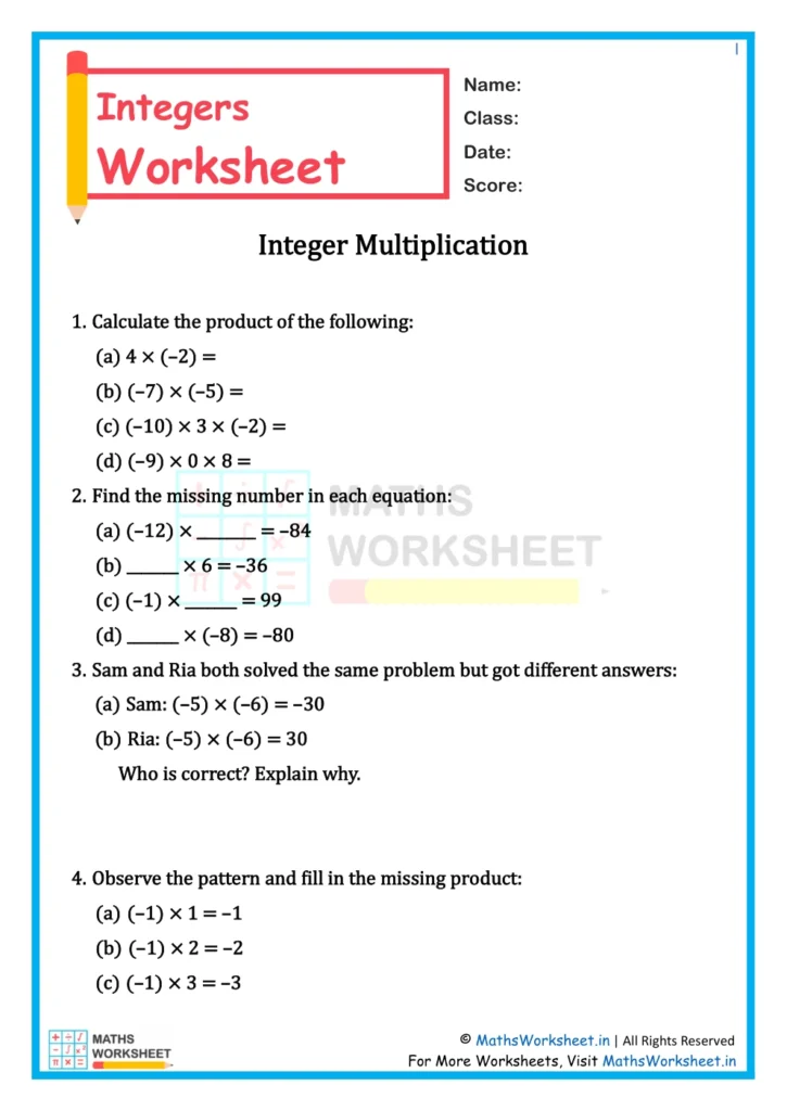 Class 7 Integers Worksheet - Integer Multiplication
