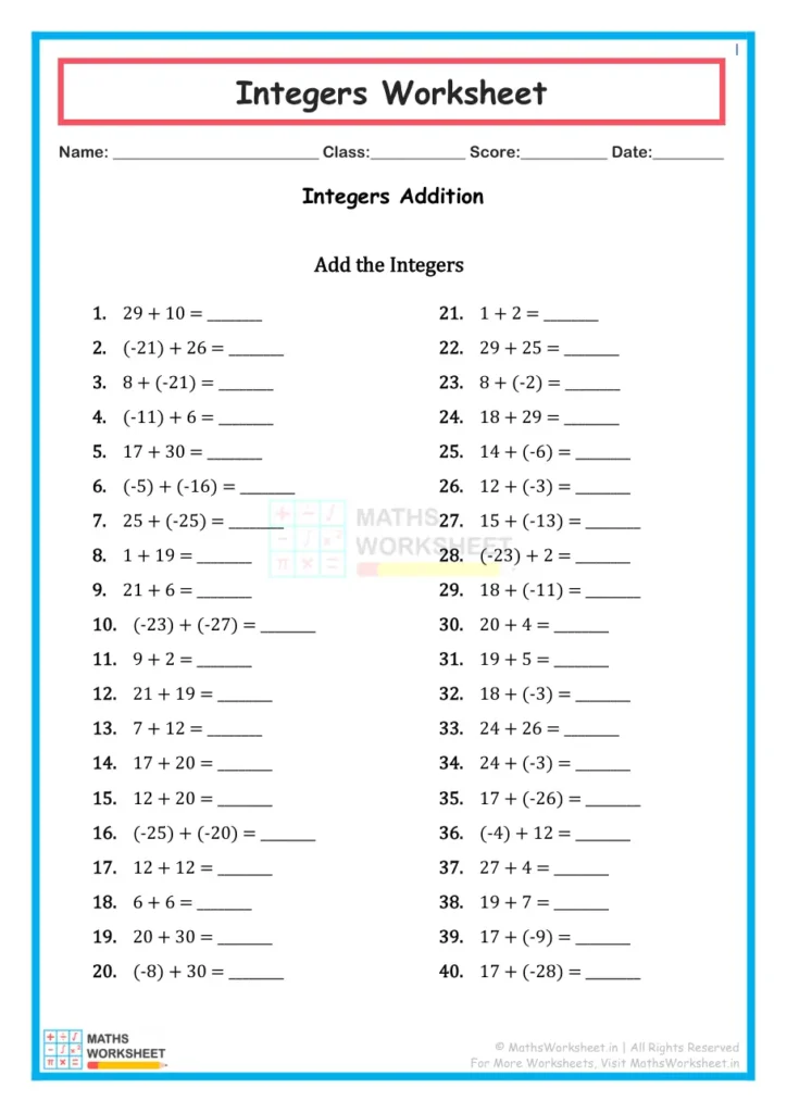 Download Class 7 Integers Worksheet - Integers Addition Worksheet 1