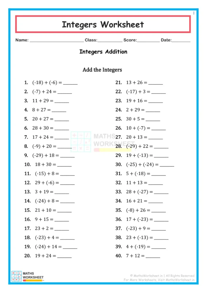 Download Class 7 Integers Worksheet - Integers Addition Worksheet 2