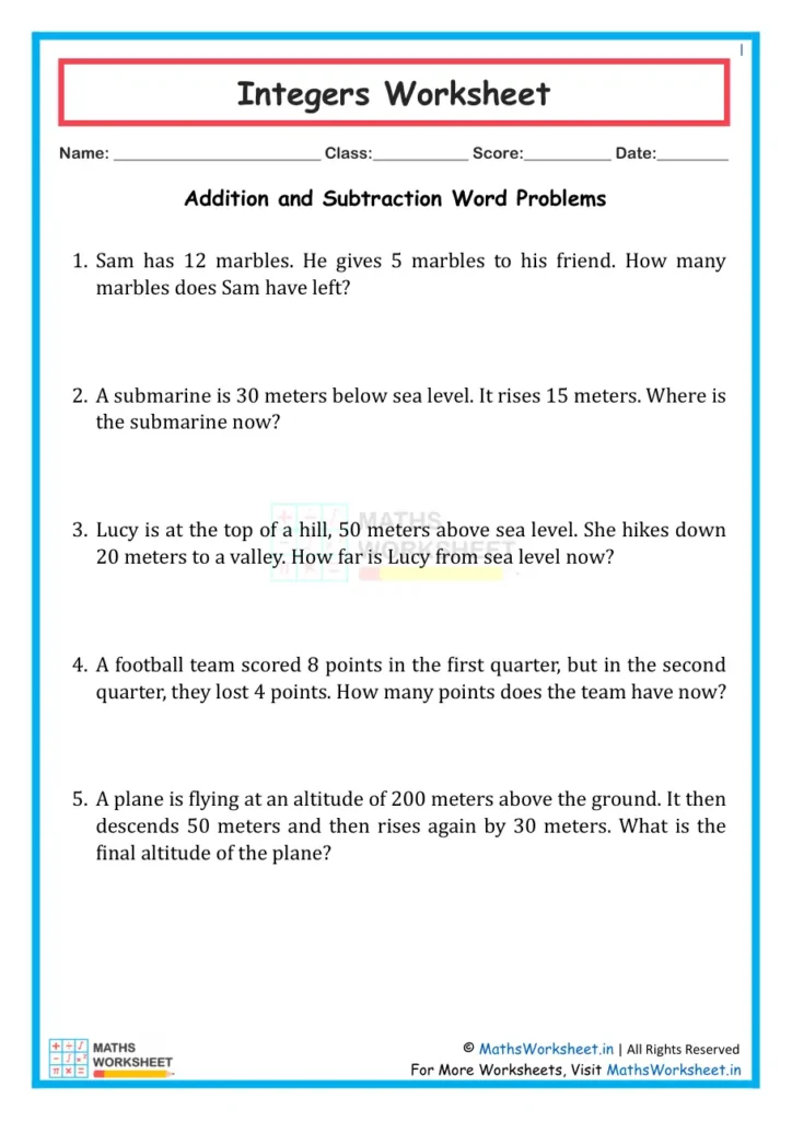 This is the picture of Class 7 Integers Worksheet - Integers Addition and Subtraction Word Problems Worksheet 1
