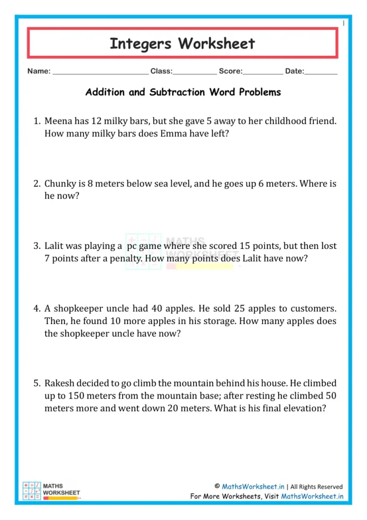 This is the Picture of Class 7 Integers Worksheet - Integers Addition and Subtraction Word Problems Worksheet 2