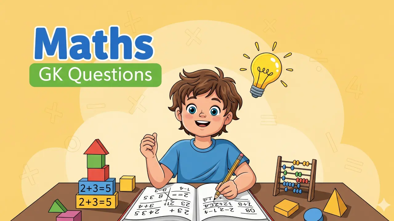 A vibrant cartoon illustration of a happy child with curly brown hair, wearing a blue t-shirt, sitting at a desk and actively solving maths problems in an open book with a pencil. Around the child are various colourful mathematical learning tools like building blocks, an abacus, and geometric shapes. A bright yellow lightbulb representing an idea or knowledge is floating above the child's head. The text "Maths GK Questions" is prominently displayed in blue and green at the top of the image against a cheerful yellow background with faint mathematical symbols.